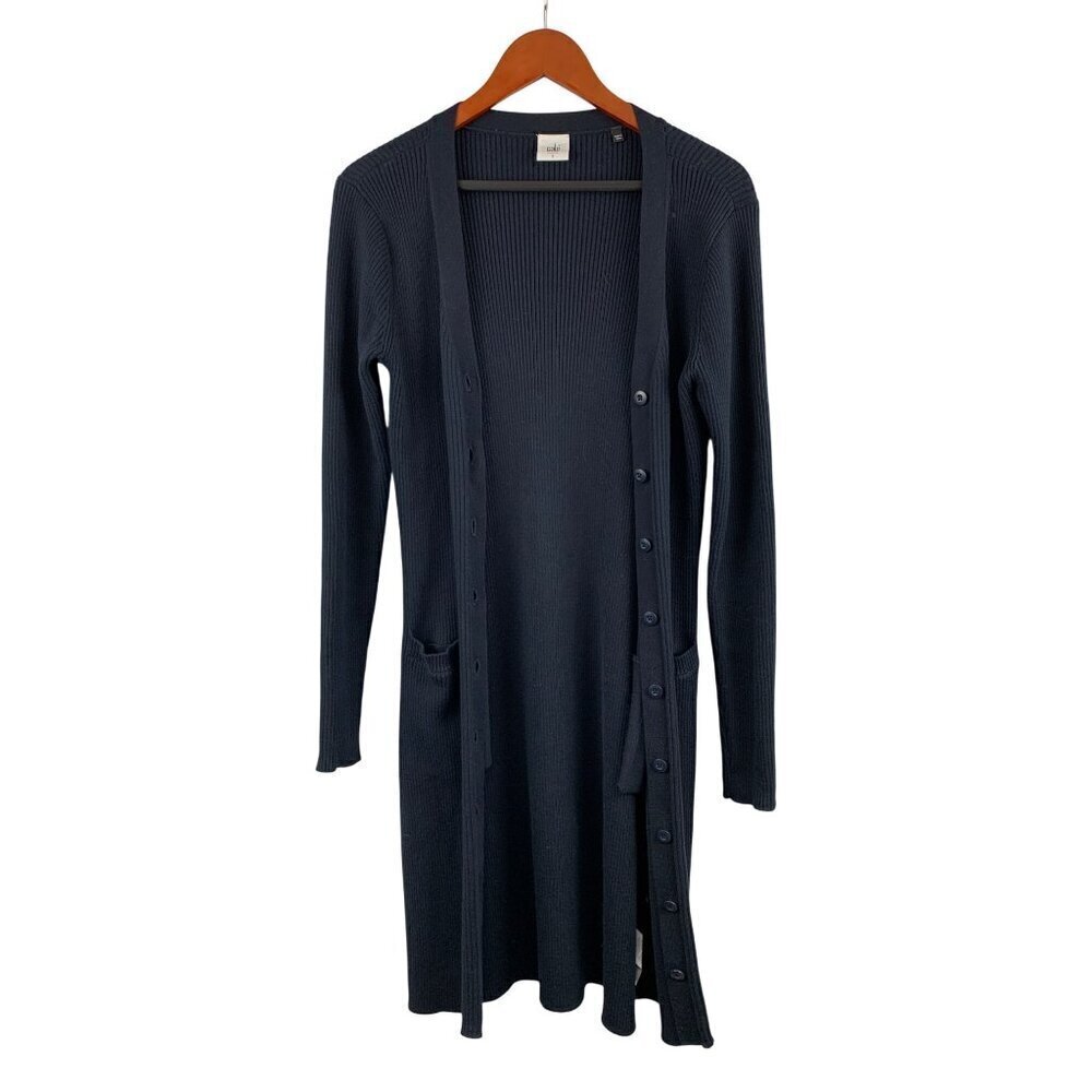 Cabi Womens Ribbed Knit Long Cardigan Sweater S Navy Blue Button Front